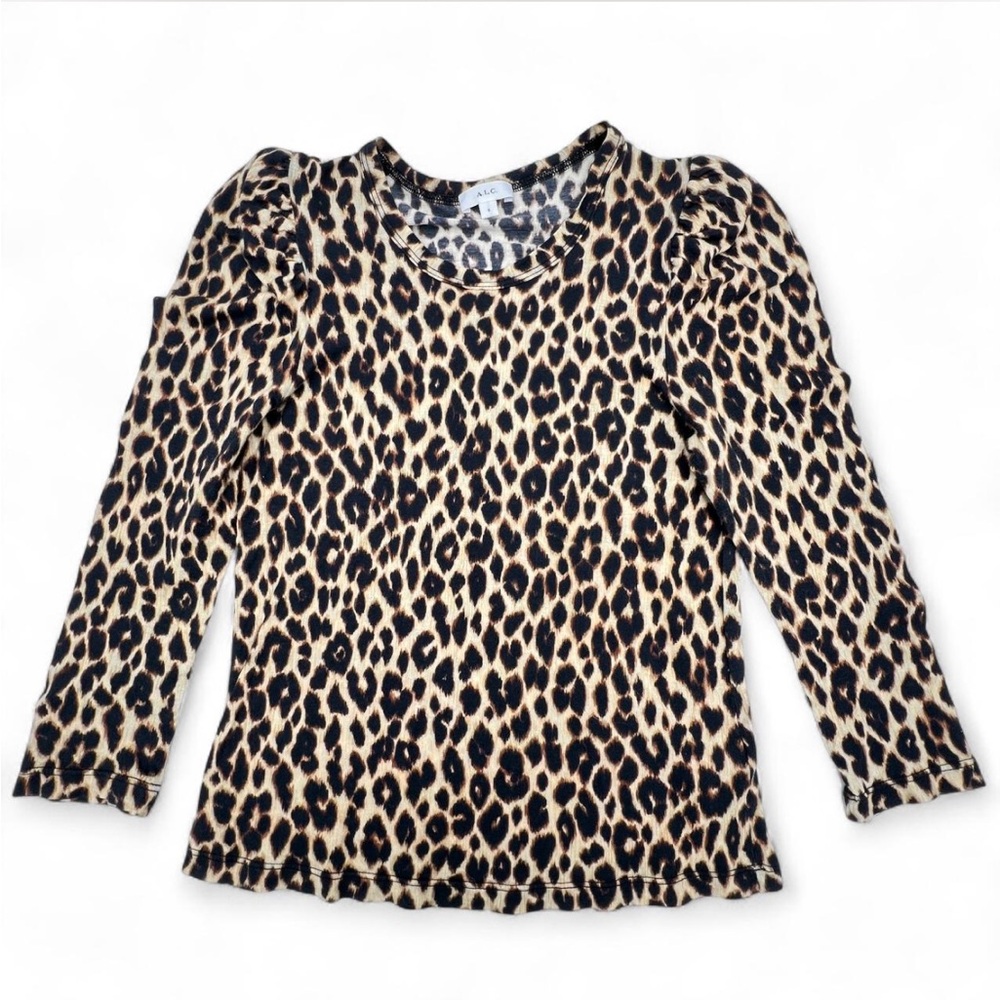 ALC Animal Print Leopard Cheetah Puff Shoulder Elbow Sleeve Top Shirt Blouse